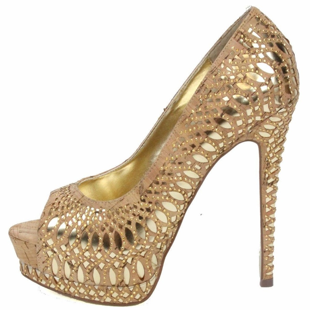 bebe Gold Cutout Peep-Toe Platform Stiletto Heels